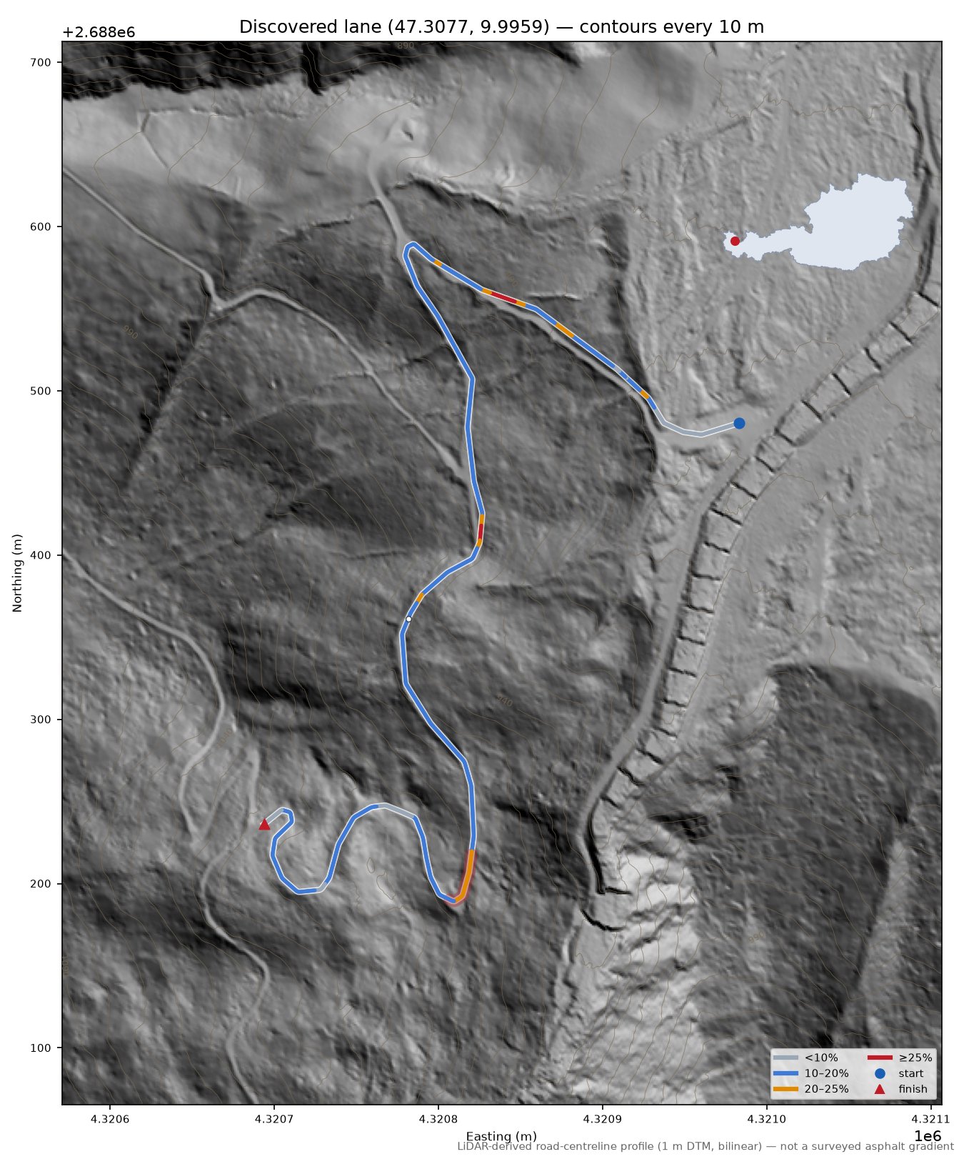 Discovered lane (47.3077, 9.9959) LiDAR hillshade map with contours