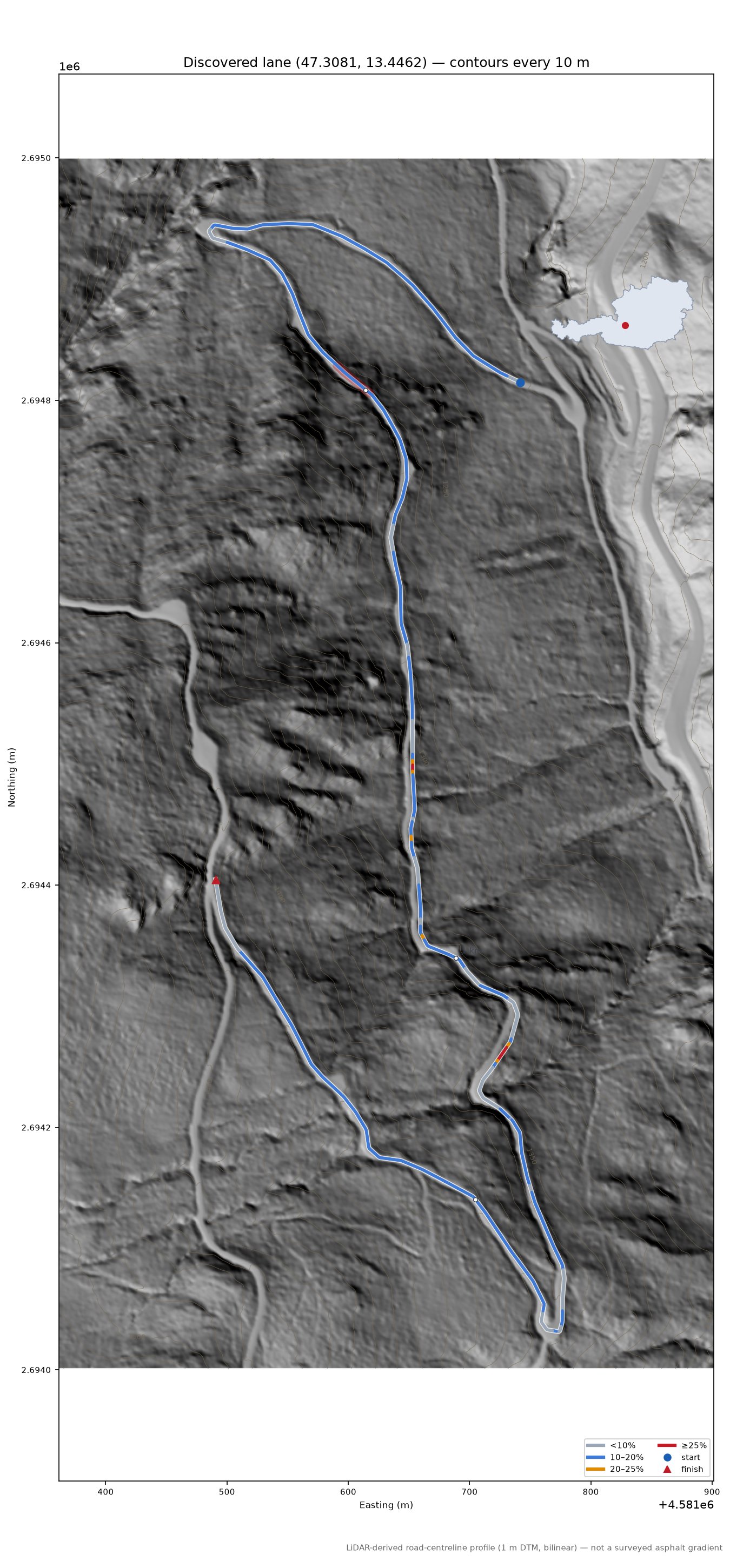 Discovered lane (47.3081, 13.4462) LiDAR hillshade map with contours