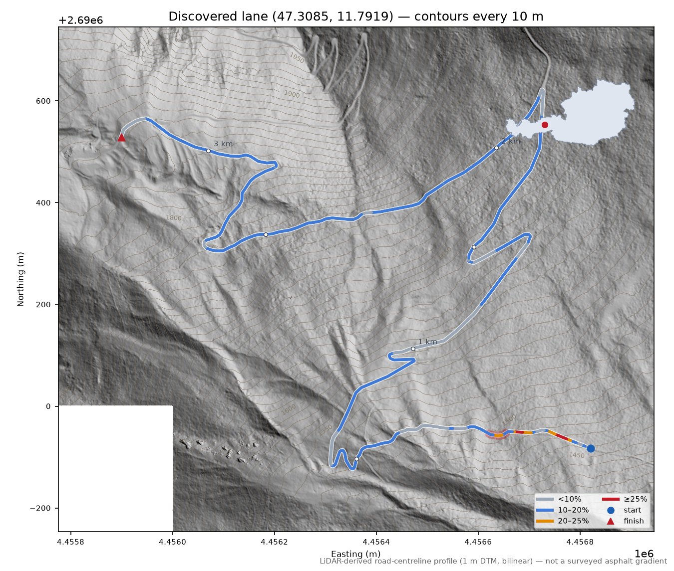 Discovered lane (47.3085, 11.7919) LiDAR hillshade map with contours