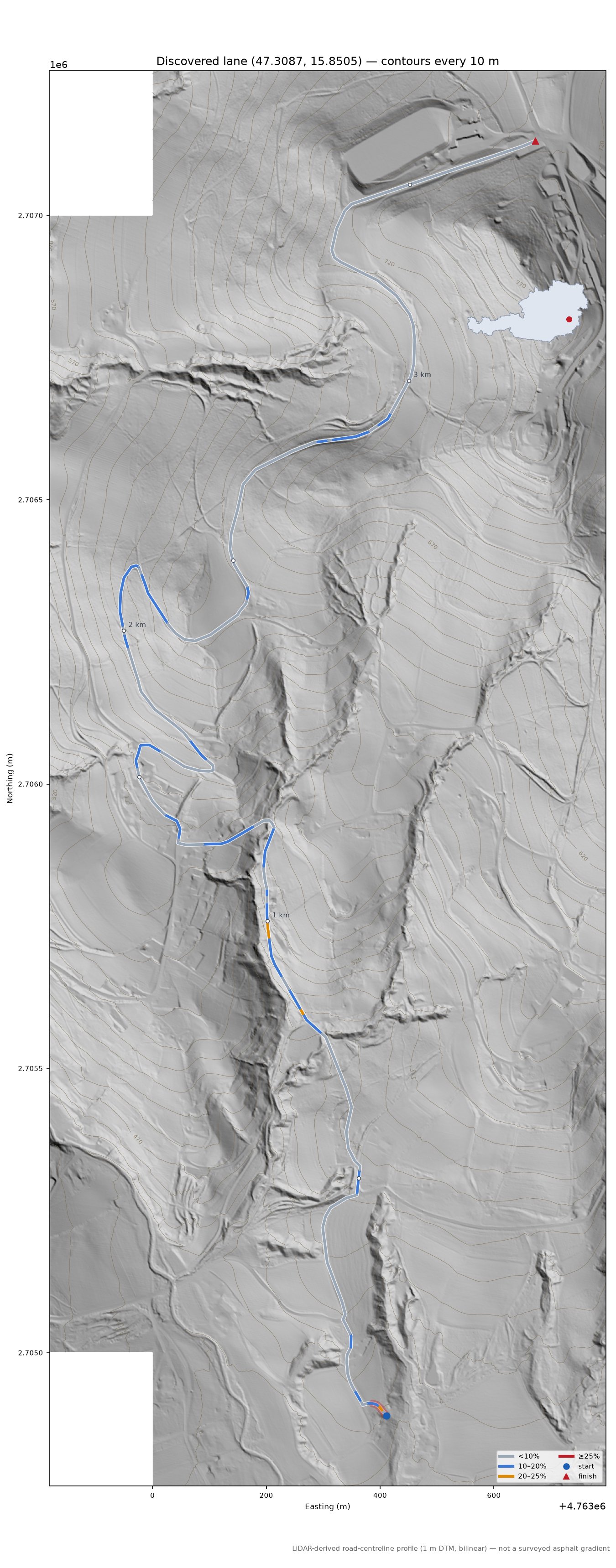 Discovered lane (47.3087, 15.8505) LiDAR hillshade map with contours
