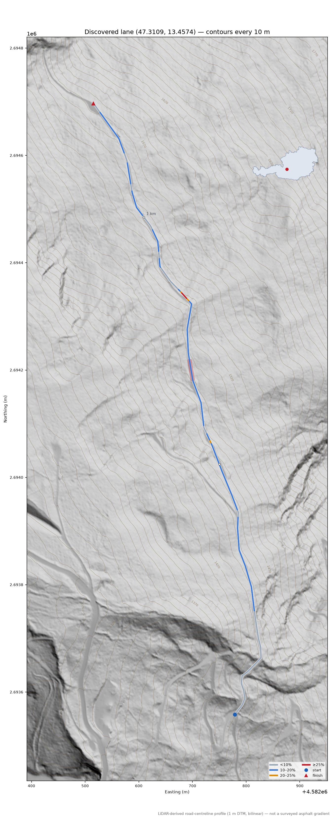 Discovered lane (47.3109, 13.4574) LiDAR hillshade map with contours