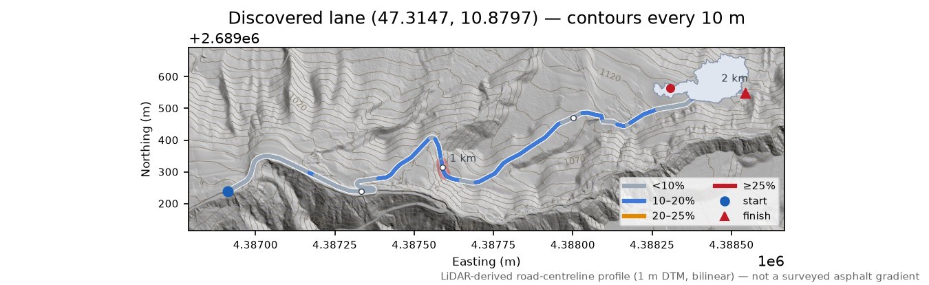 Discovered lane (47.3147, 10.8797) LiDAR hillshade map with contours