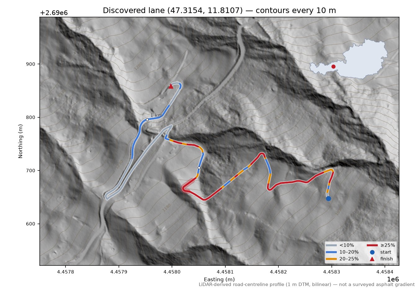 Discovered lane (47.3154, 11.8107) LiDAR hillshade map with contours