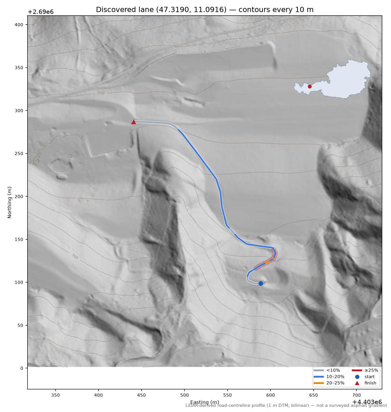 Discovered lane (47.3190, 11.0916) LiDAR hillshade map with contours