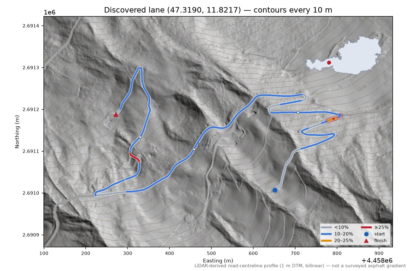 Discovered lane (47.3190, 11.8217) LiDAR hillshade map with contours