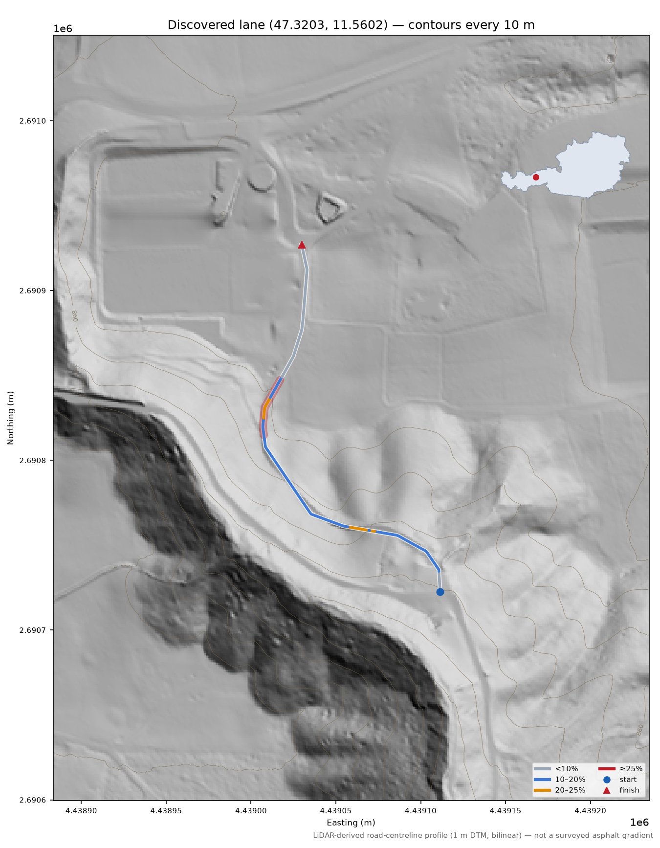 Discovered lane (47.3203, 11.5602) LiDAR hillshade map with contours