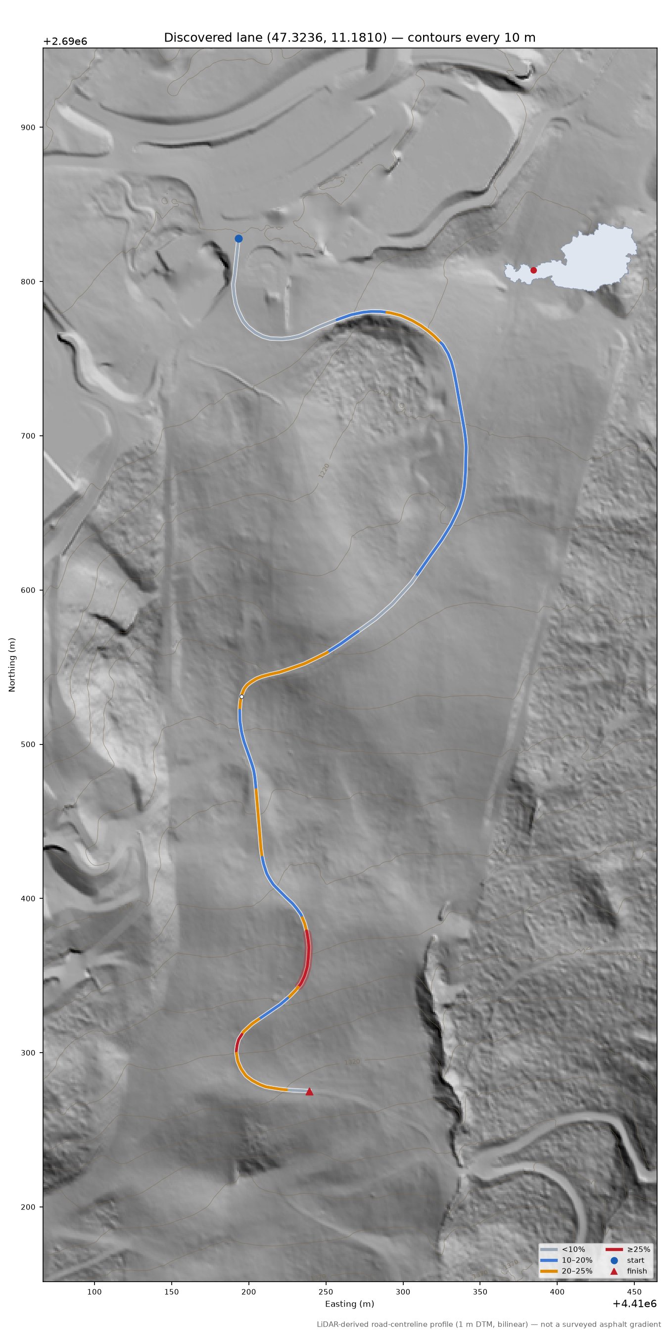 Discovered lane (47.3236, 11.1810) LiDAR hillshade map with contours