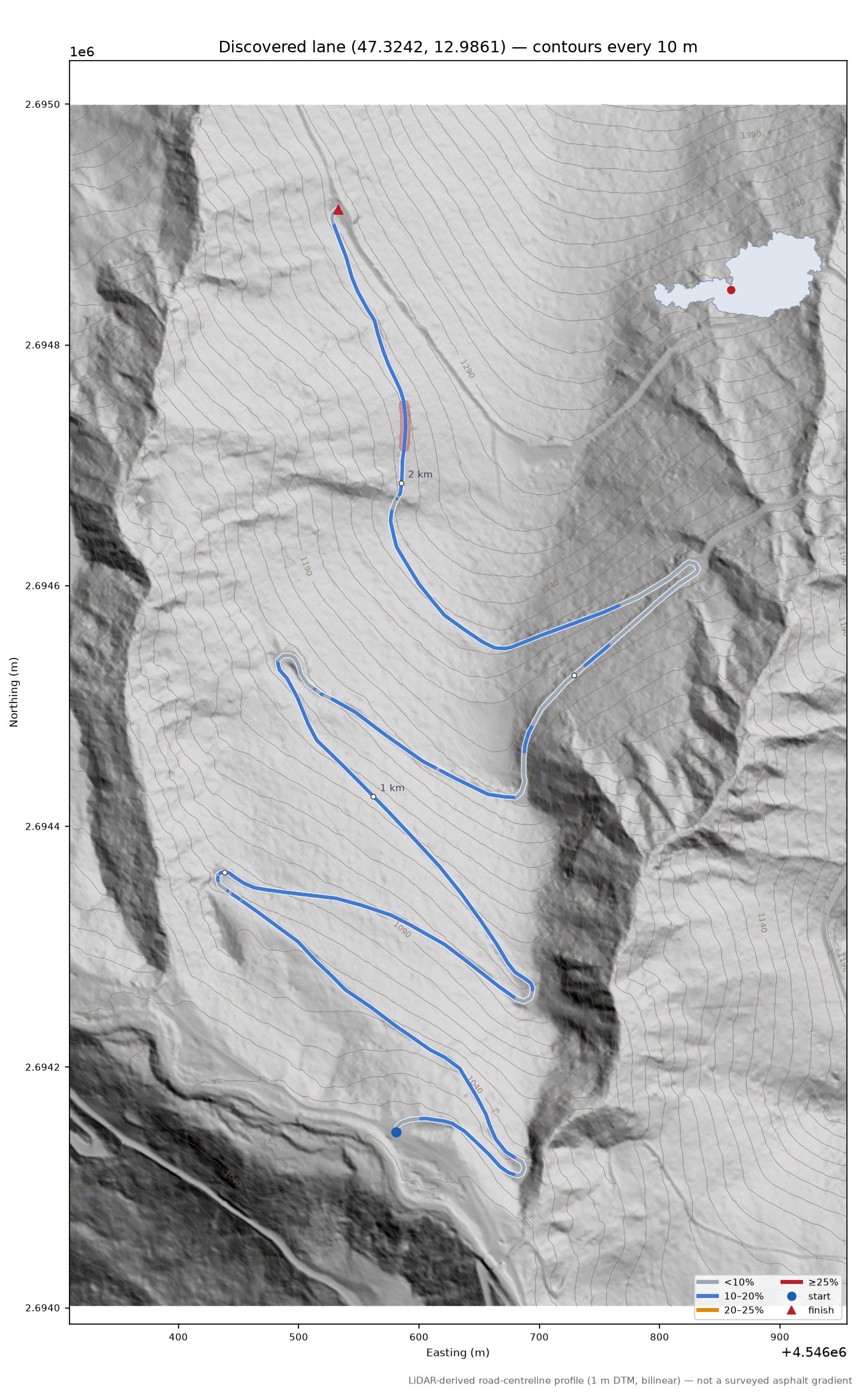 Discovered lane (47.3242, 12.9861) LiDAR hillshade map with contours