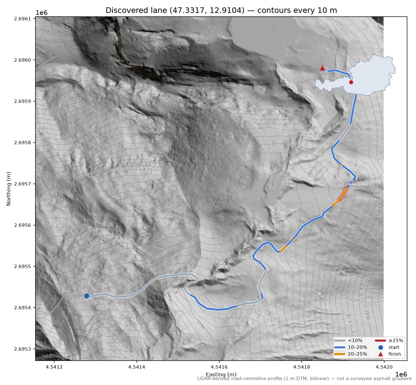 Discovered lane (47.3317, 12.9104) LiDAR hillshade map with contours