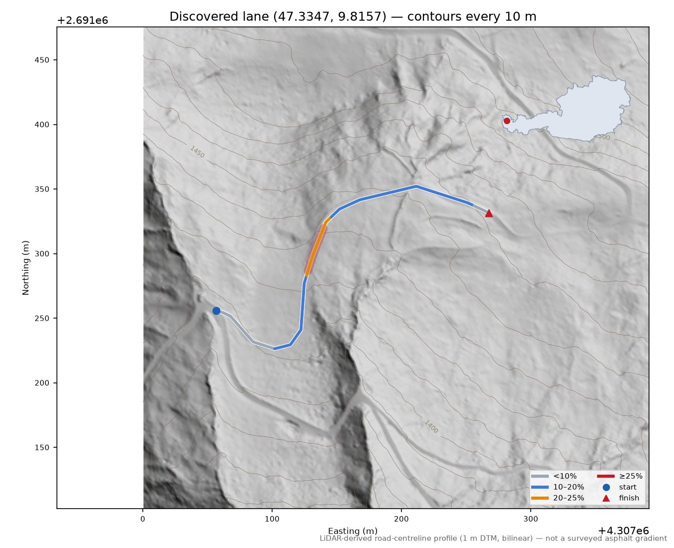 Discovered lane (47.3347, 9.8157) LiDAR hillshade map with contours