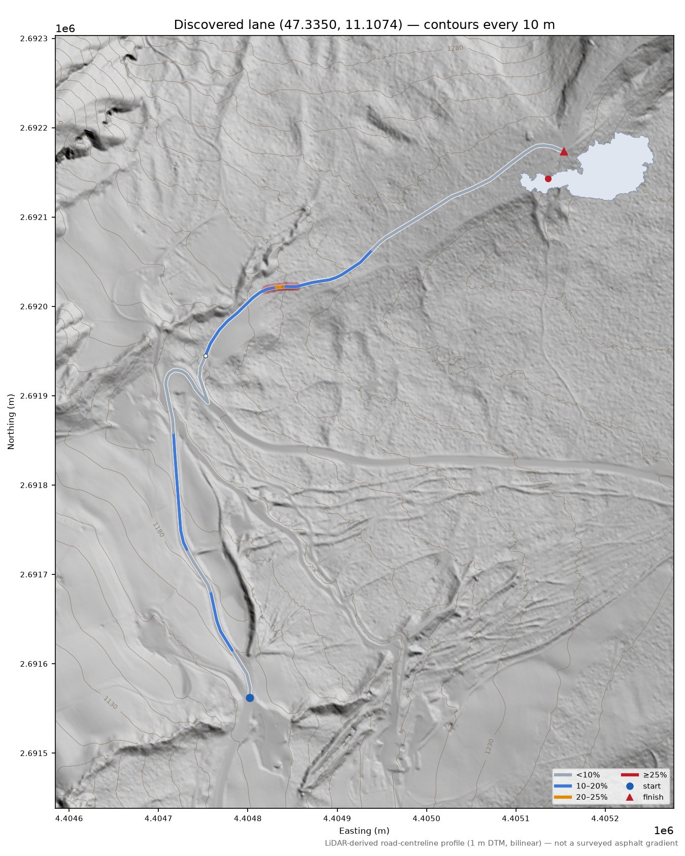 Discovered lane (47.3350, 11.1074) LiDAR hillshade map with contours