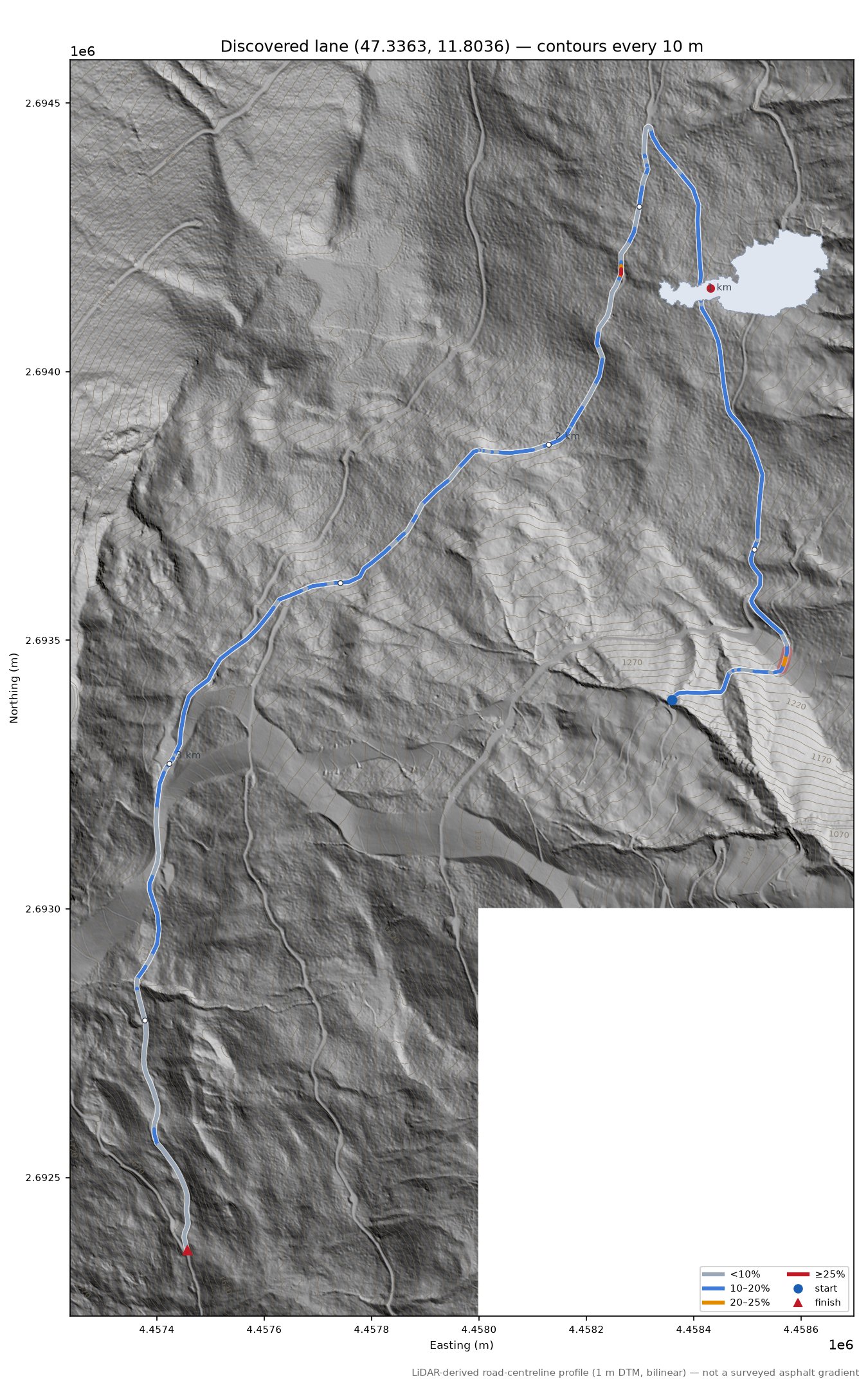Discovered lane (47.3363, 11.8036) LiDAR hillshade map with contours