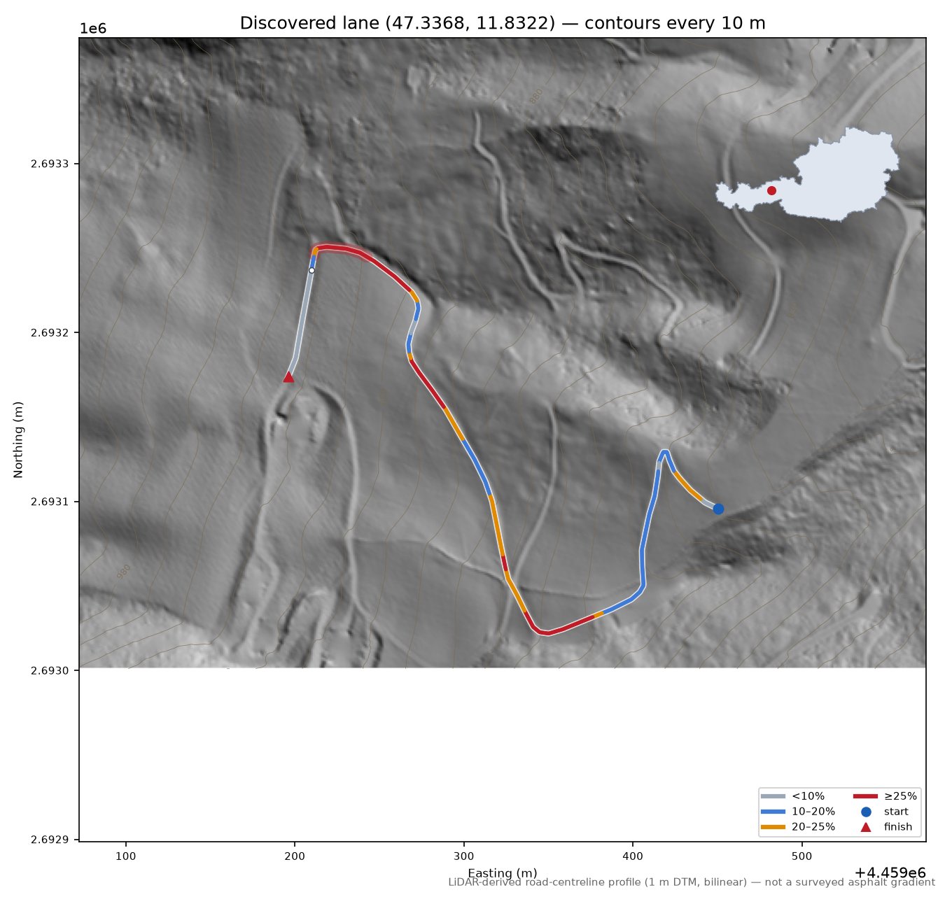 Discovered lane (47.3368, 11.8322) LiDAR hillshade map with contours