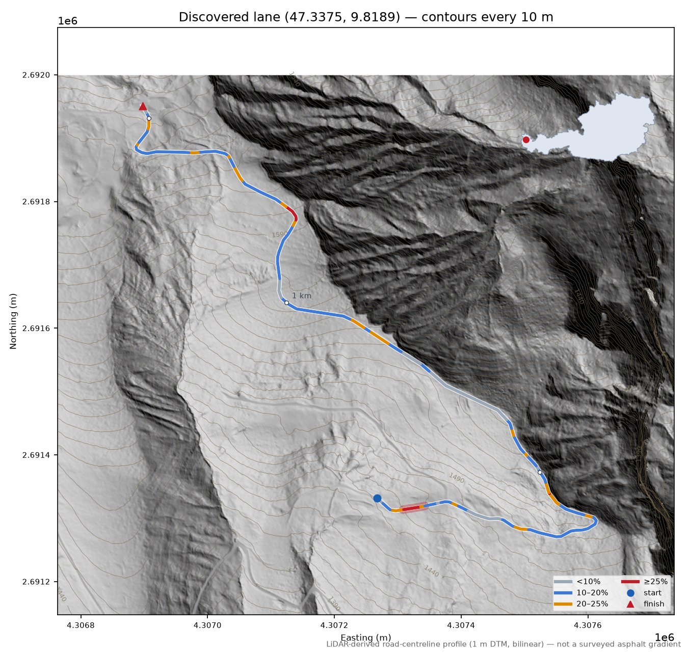 Discovered lane (47.3375, 9.8189) LiDAR hillshade map with contours
