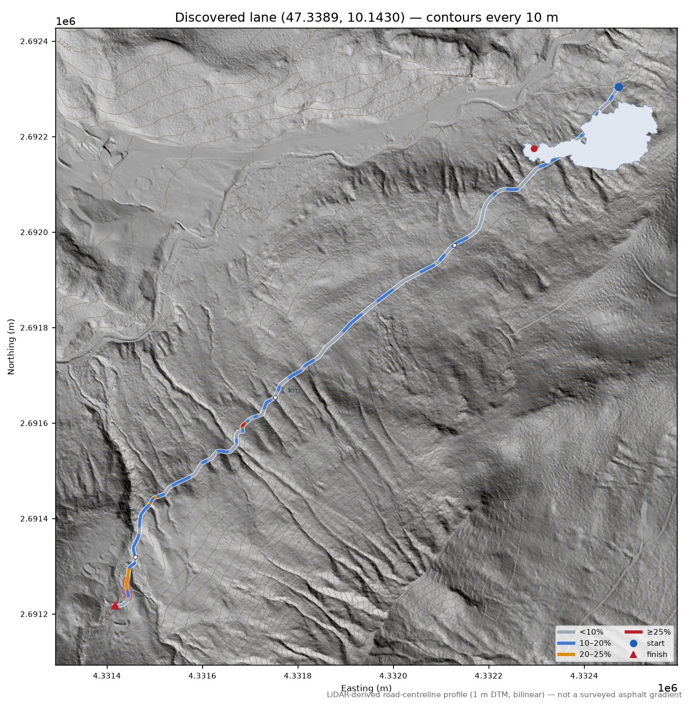 Discovered lane (47.3389, 10.1430) LiDAR hillshade map with contours