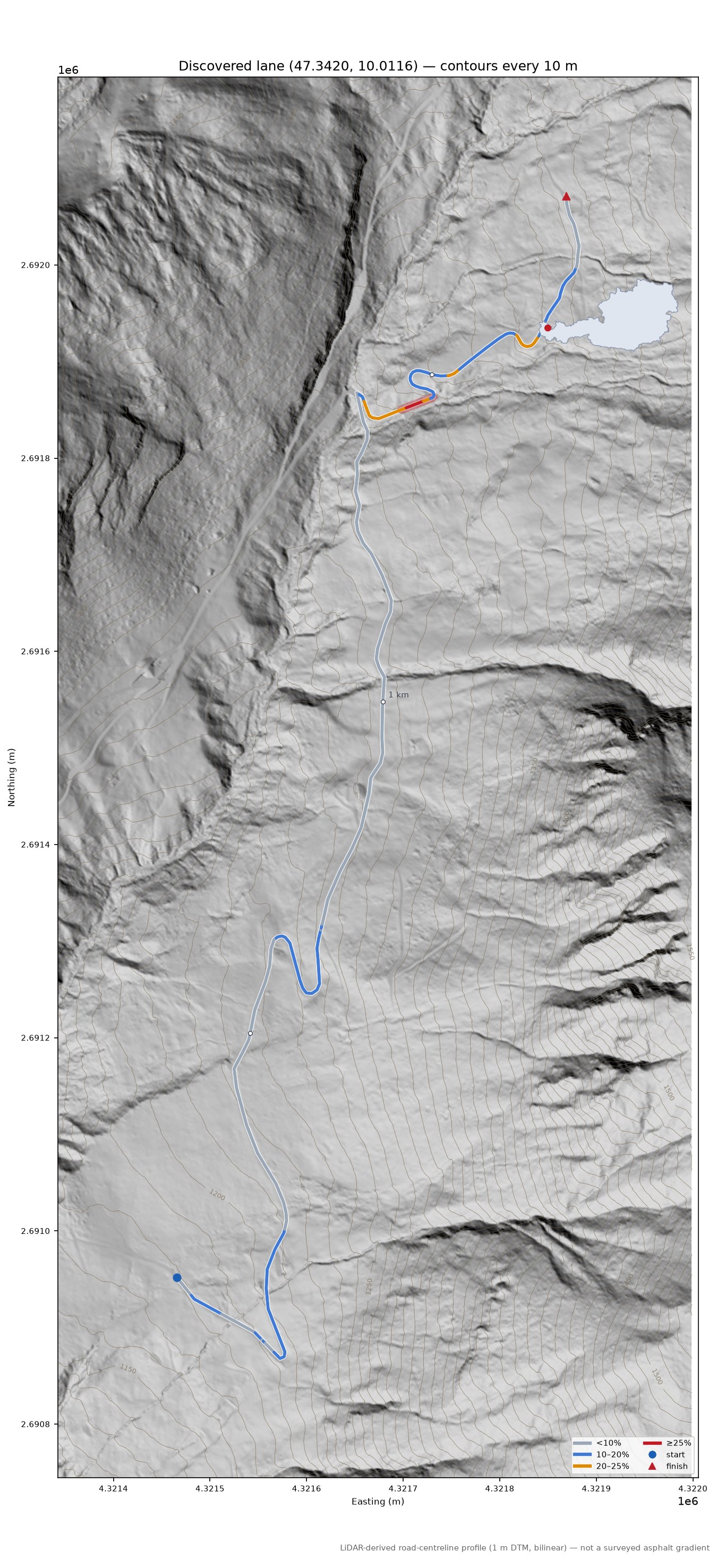Discovered lane (47.3420, 10.0116) LiDAR hillshade map with contours