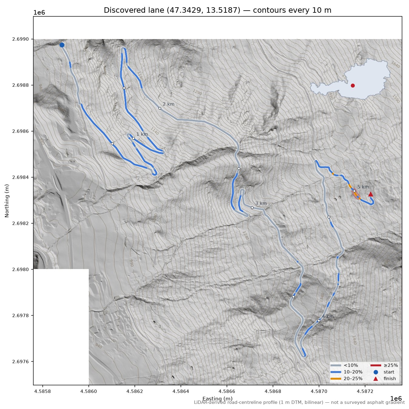 Discovered lane (47.3429, 13.5187) LiDAR hillshade map with contours