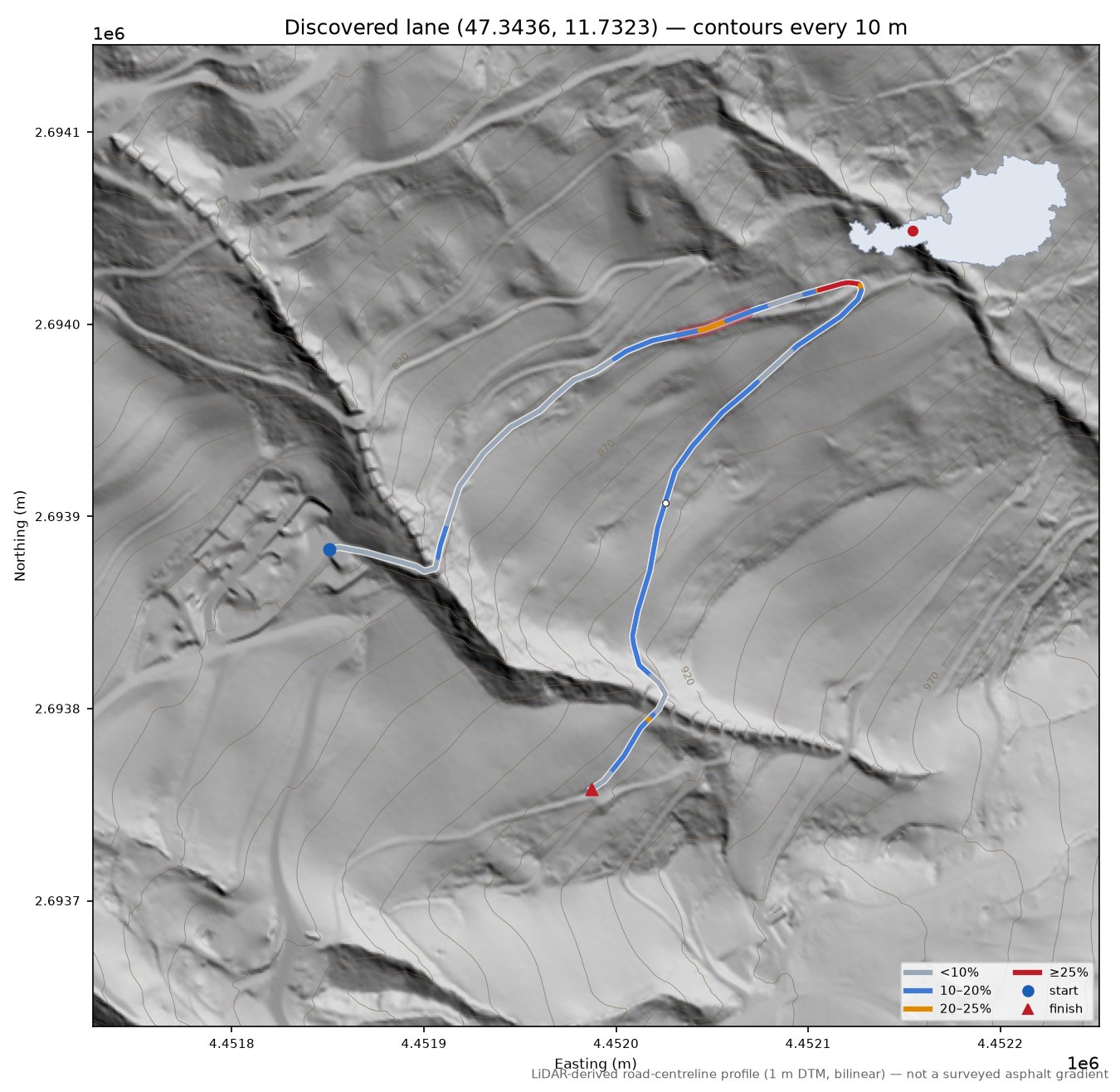 Discovered lane (47.3436, 11.7323) LiDAR hillshade map with contours