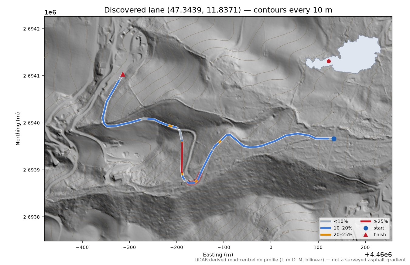 Discovered lane (47.3439, 11.8371) LiDAR hillshade map with contours