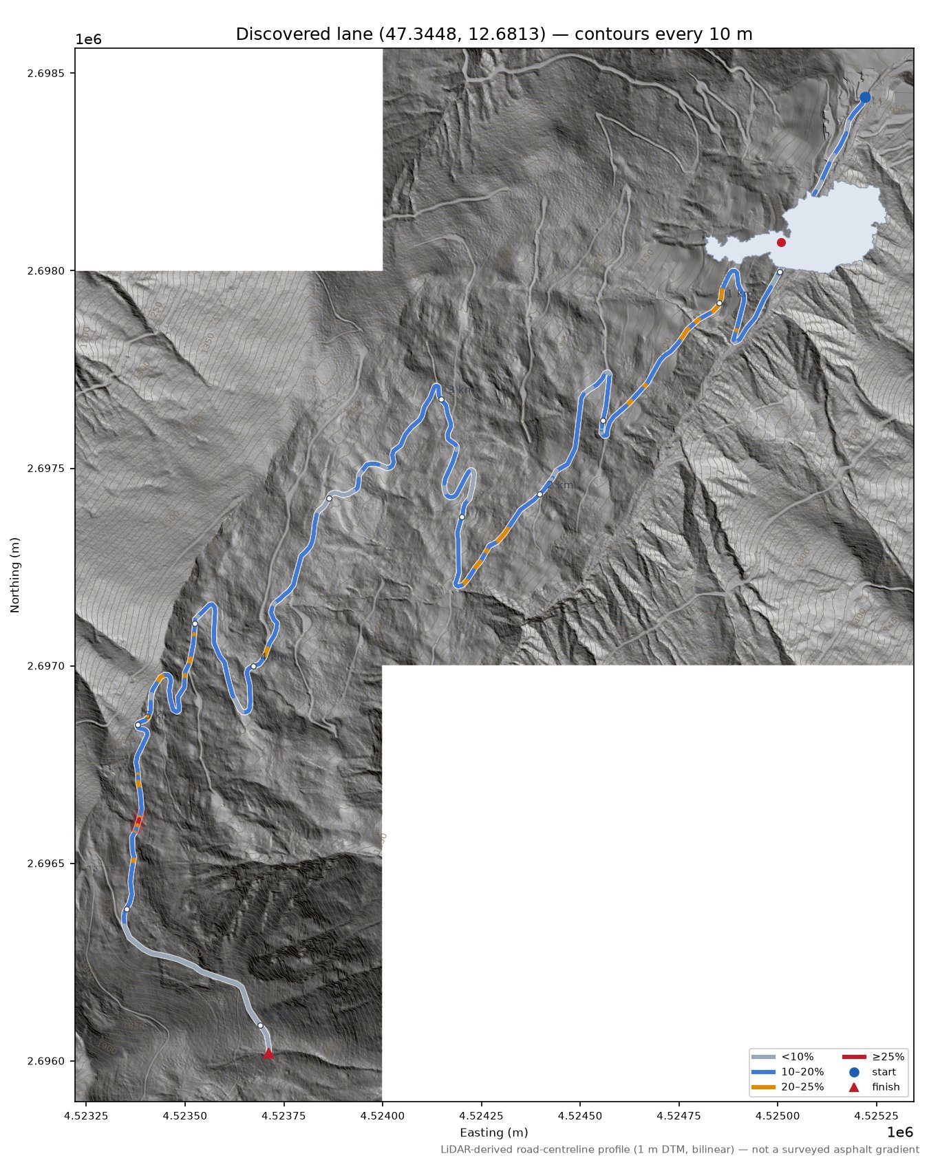 Discovered lane (47.3448, 12.6813) LiDAR hillshade map with contours
