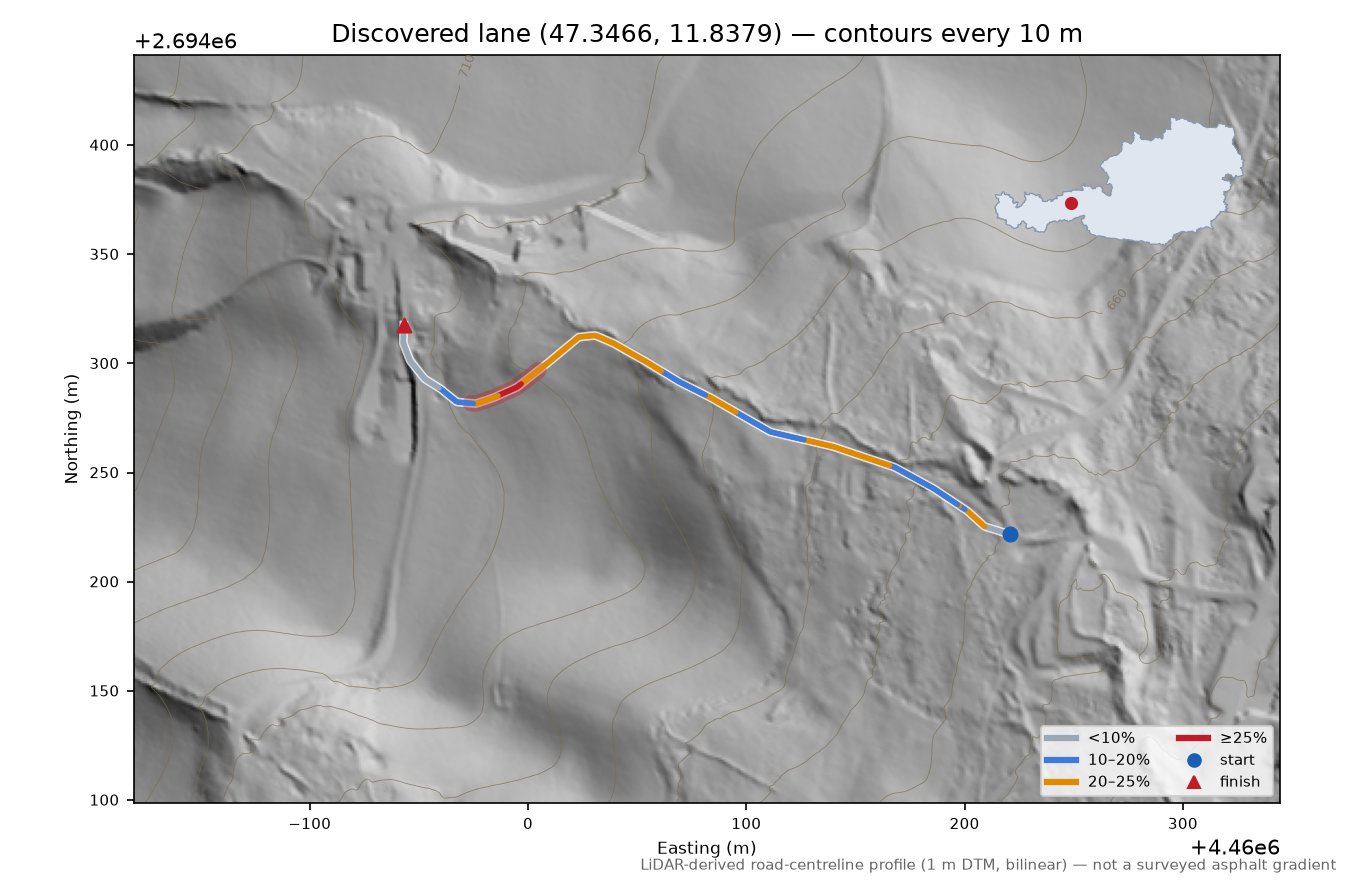 Discovered lane (47.3466, 11.8379) LiDAR hillshade map with contours
