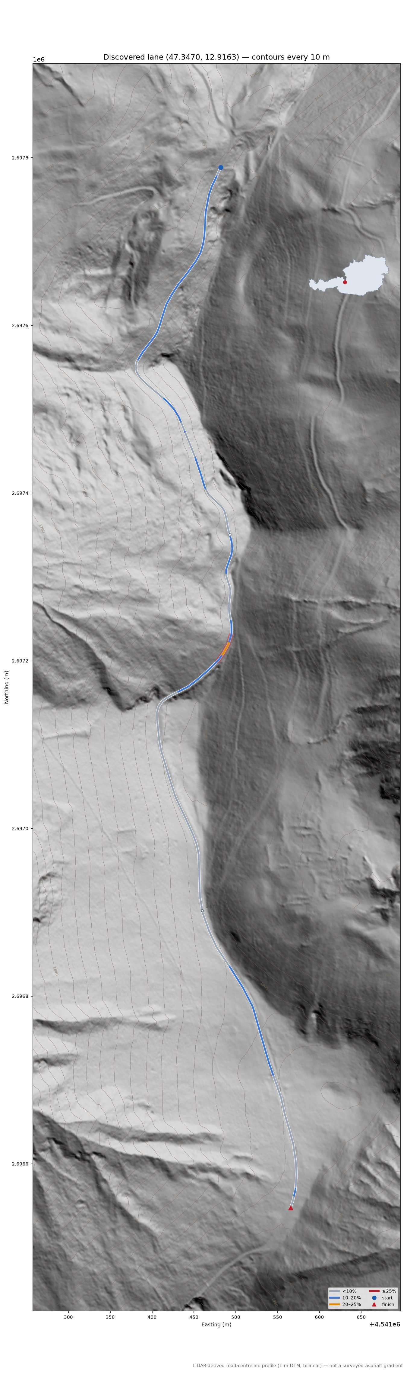 Discovered lane (47.3470, 12.9163) LiDAR hillshade map with contours