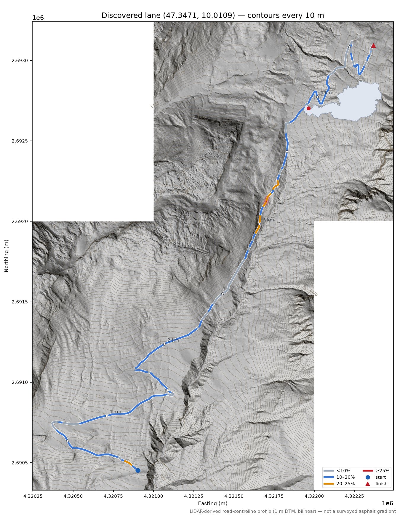 Discovered lane (47.3471, 10.0109) LiDAR hillshade map with contours