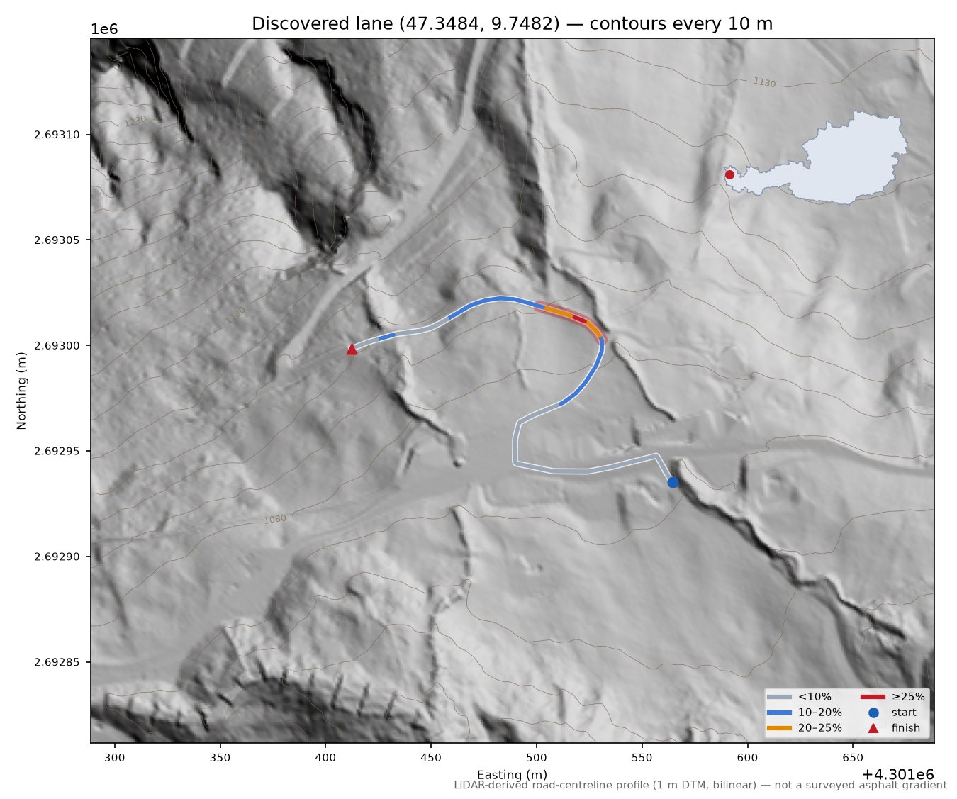 Discovered lane (47.3484, 9.7482) LiDAR hillshade map with contours