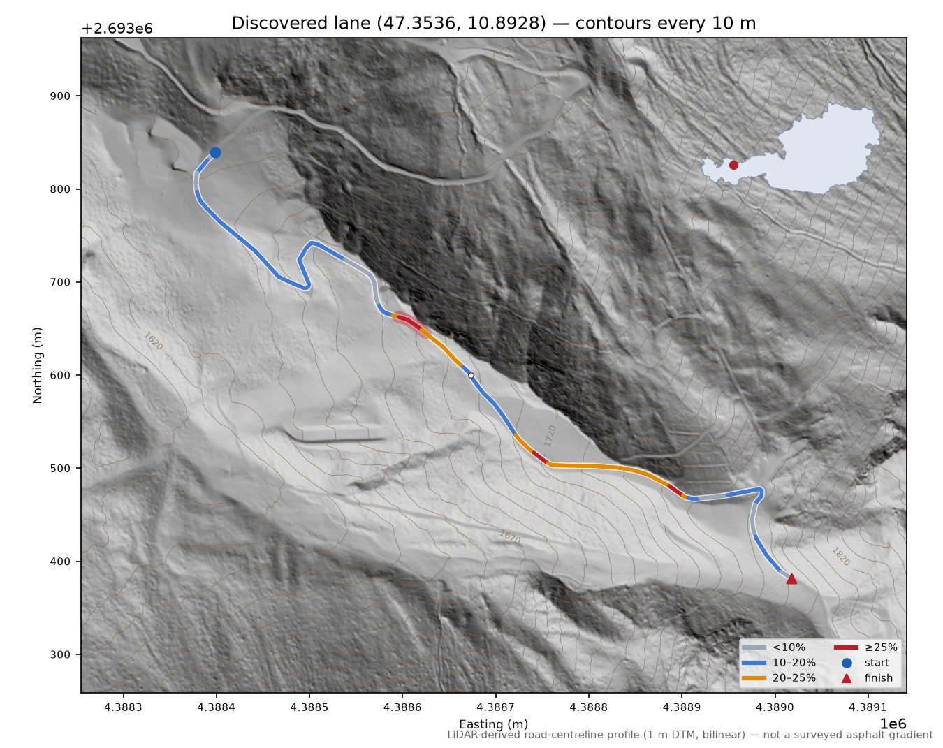 Discovered lane (47.3536, 10.8928) LiDAR hillshade map with contours