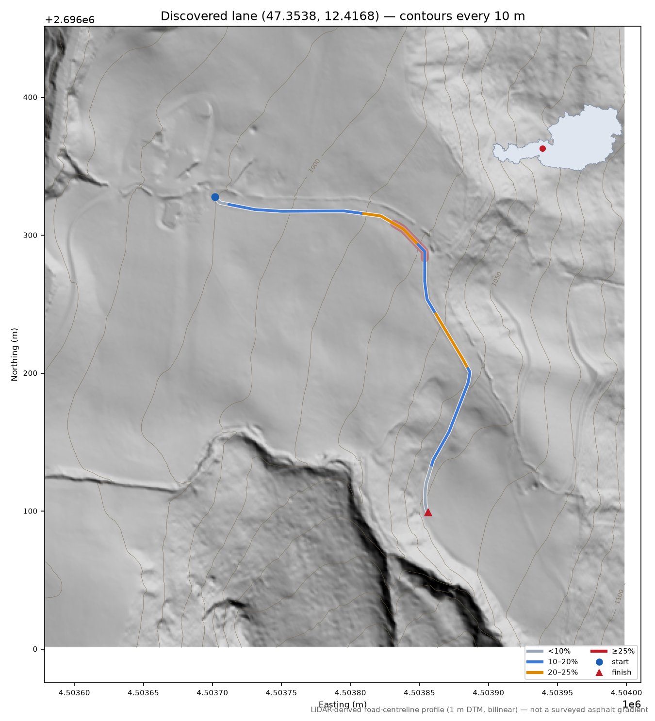 Discovered lane (47.3538, 12.4168) LiDAR hillshade map with contours