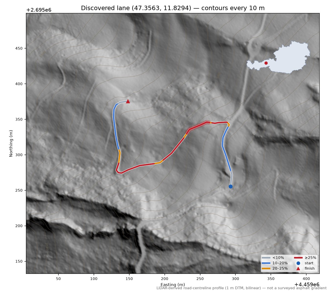 Discovered lane (47.3563, 11.8294) LiDAR hillshade map with contours