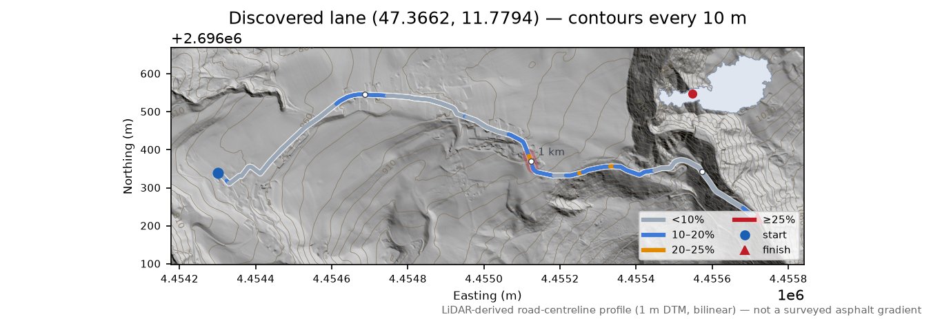 Discovered lane (47.3662, 11.7794) LiDAR hillshade map with contours