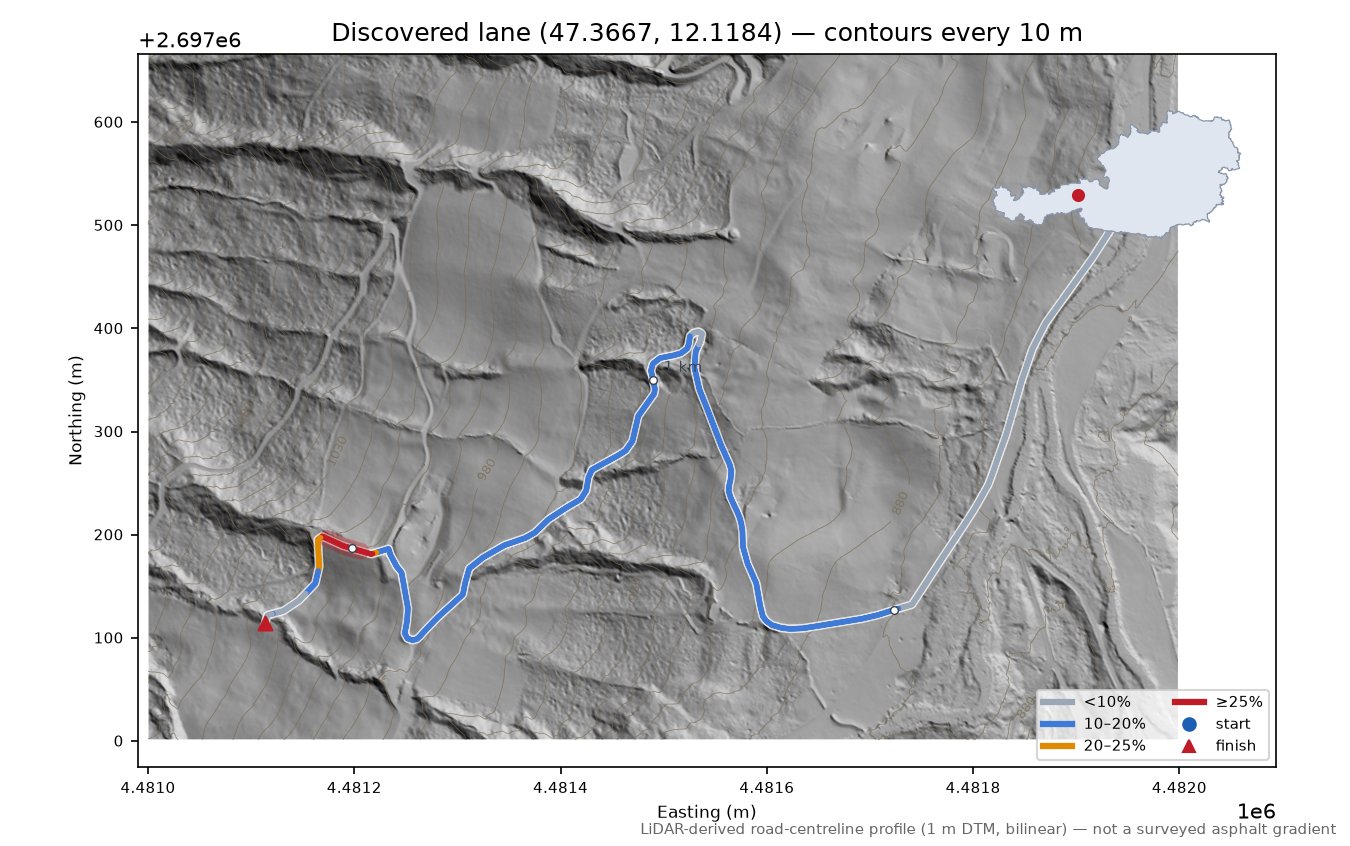 Discovered lane (47.3667, 12.1184) LiDAR hillshade map with contours