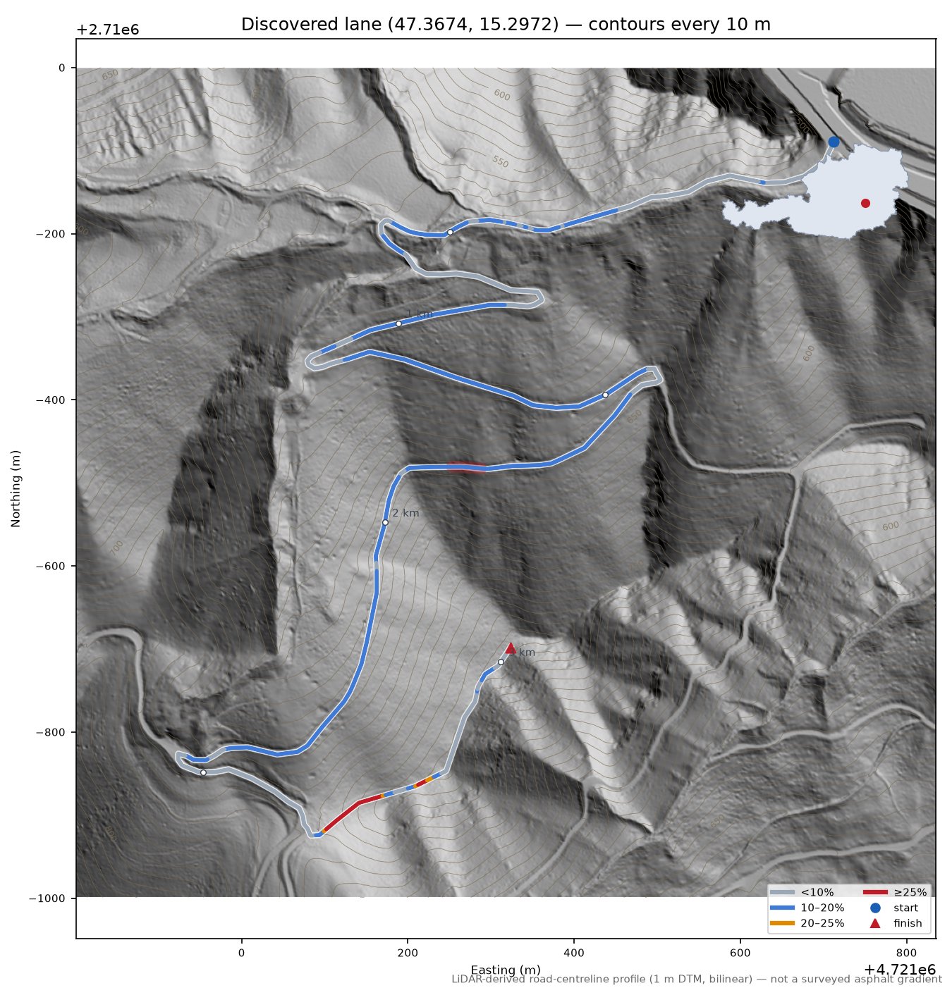 Discovered lane (47.3674, 15.2972) LiDAR hillshade map with contours