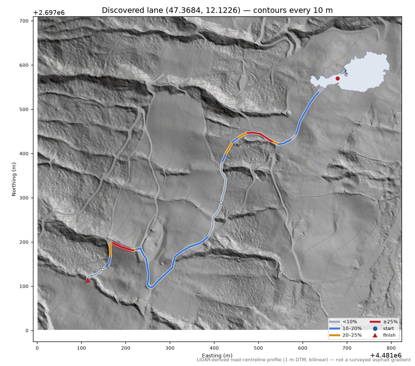Discovered lane (47.3684, 12.1226) LiDAR hillshade map with contours