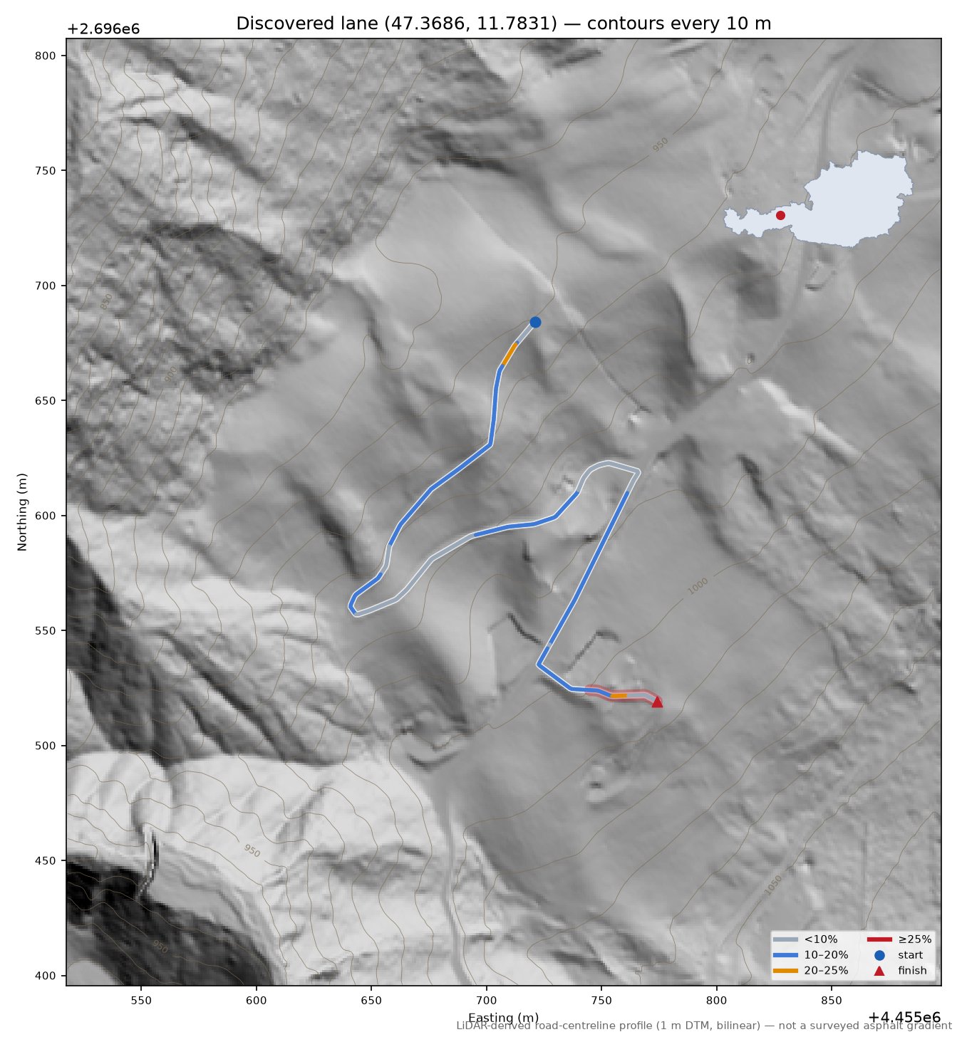 Discovered lane (47.3686, 11.7831) LiDAR hillshade map with contours