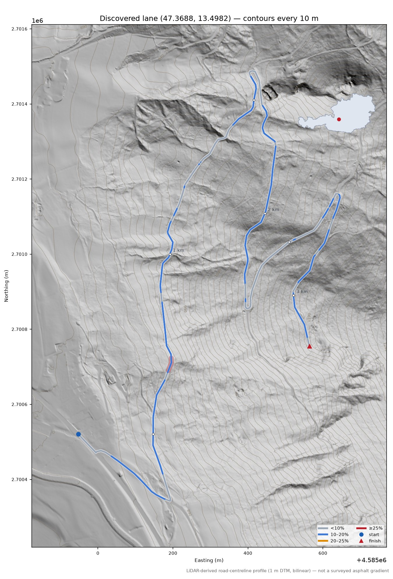 Discovered lane (47.3688, 13.4982) LiDAR hillshade map with contours