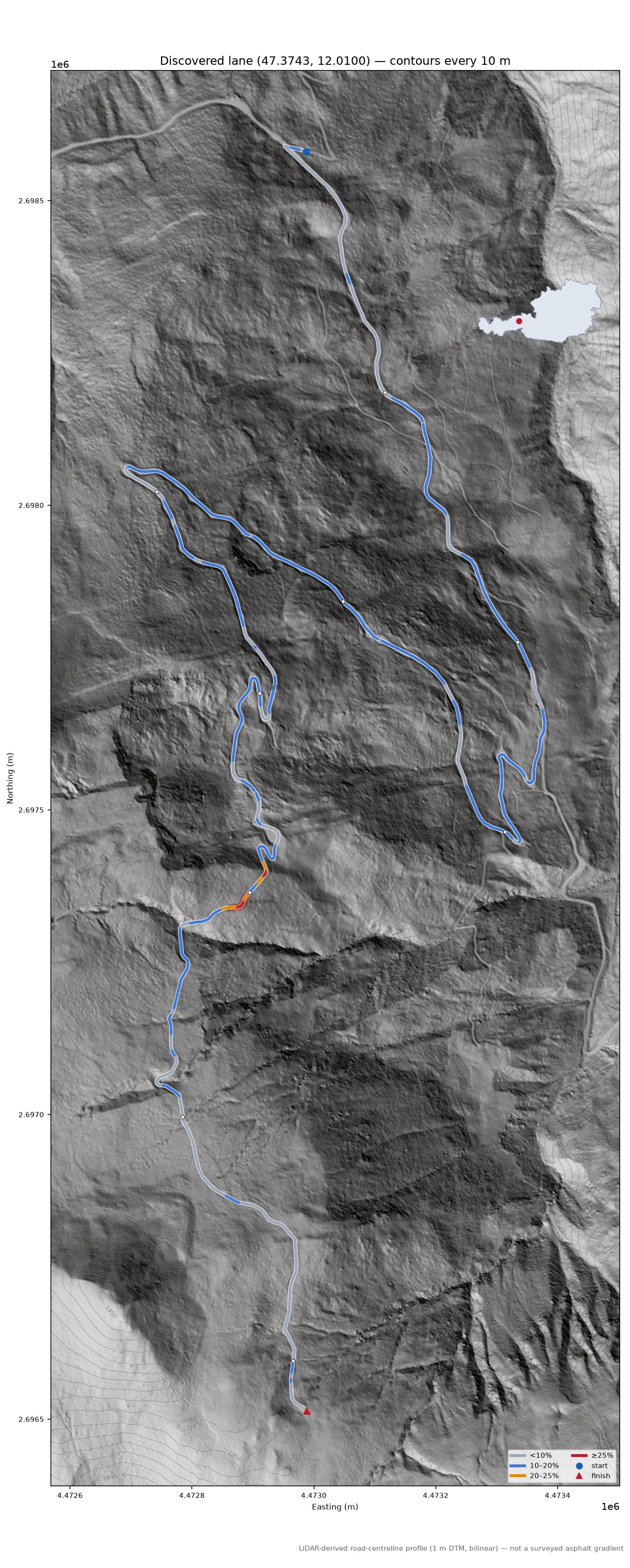 Discovered lane (47.3743, 12.0100) LiDAR hillshade map with contours