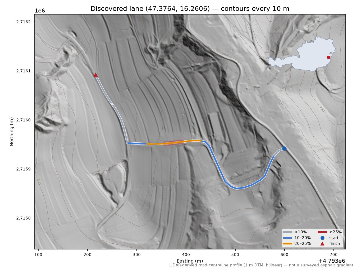 Discovered lane (47.3764, 16.2606) LiDAR hillshade map with contours