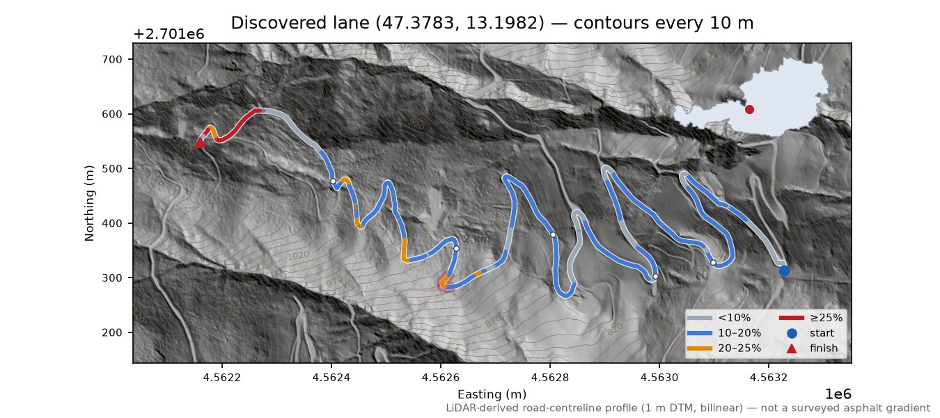 Discovered lane (47.3783, 13.1982) LiDAR hillshade map with contours