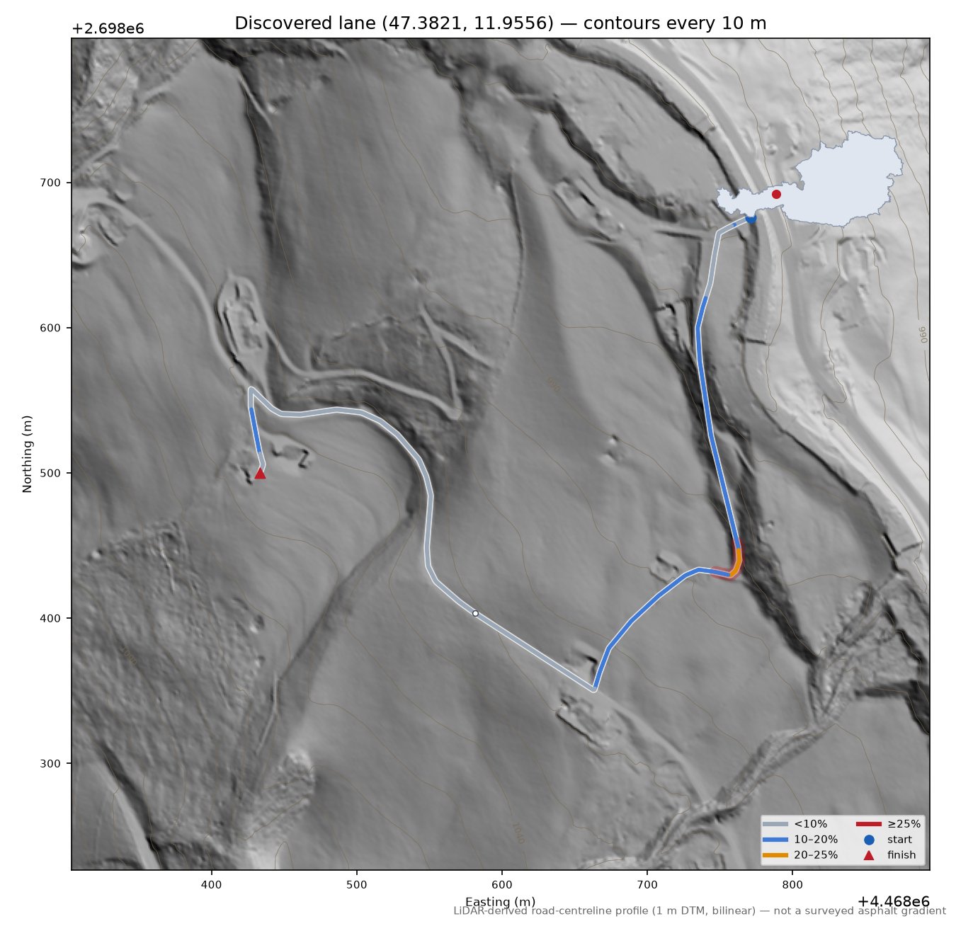 Discovered lane (47.3821, 11.9556) LiDAR hillshade map with contours