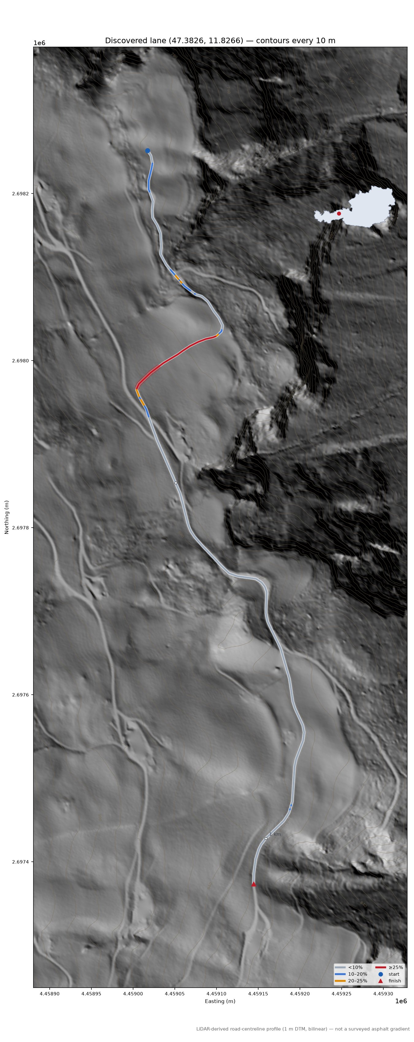 Discovered lane (47.3826, 11.8266) LiDAR hillshade map with contours