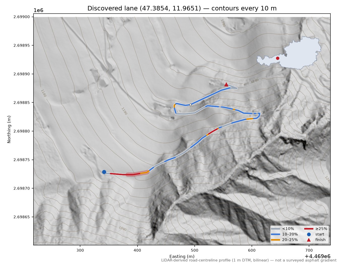 Discovered lane (47.3854, 11.9651) LiDAR hillshade map with contours