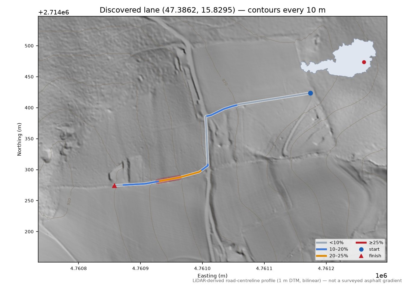 Discovered lane (47.3862, 15.8295) LiDAR hillshade map with contours