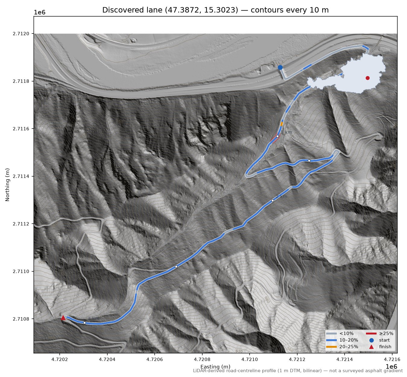 Discovered lane (47.3872, 15.3023) LiDAR hillshade map with contours