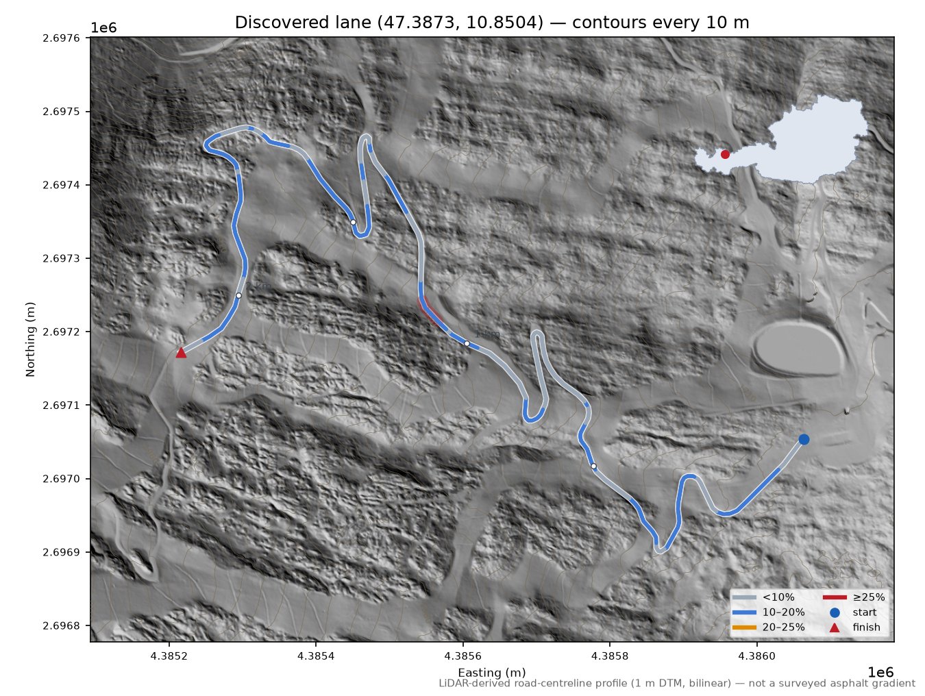 Discovered lane (47.3873, 10.8504) LiDAR hillshade map with contours