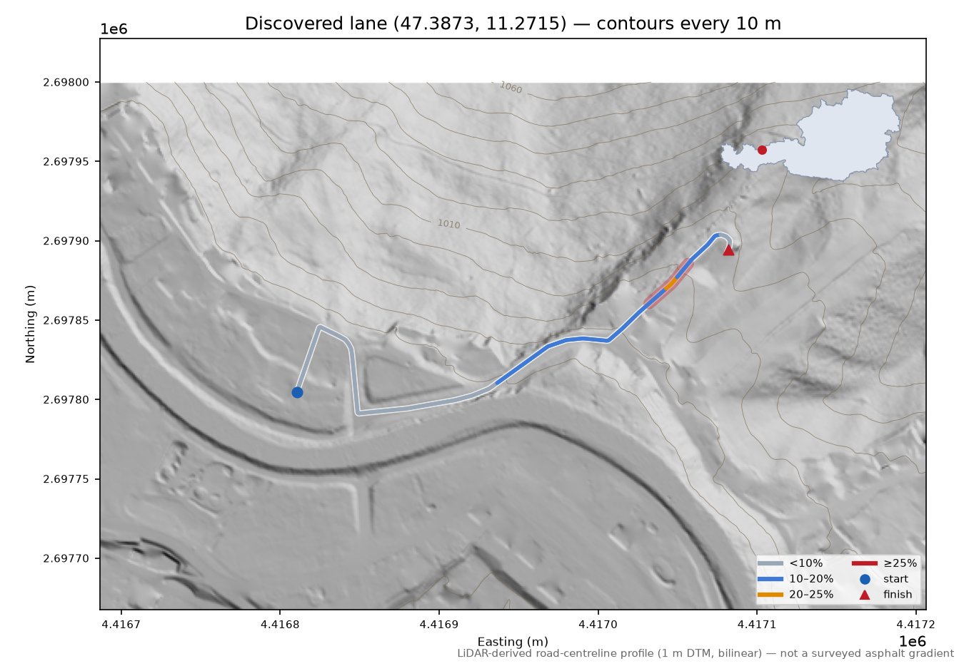 Discovered lane (47.3873, 11.2715) LiDAR hillshade map with contours