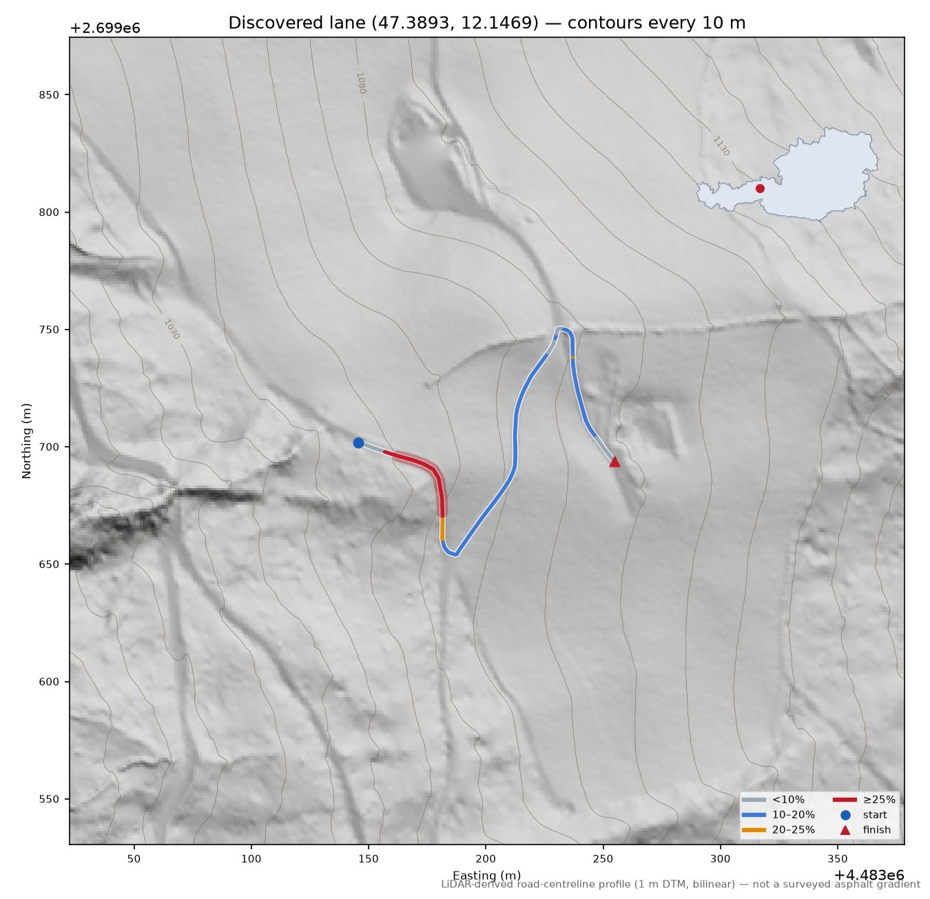 Discovered lane (47.3893, 12.1469) LiDAR hillshade map with contours