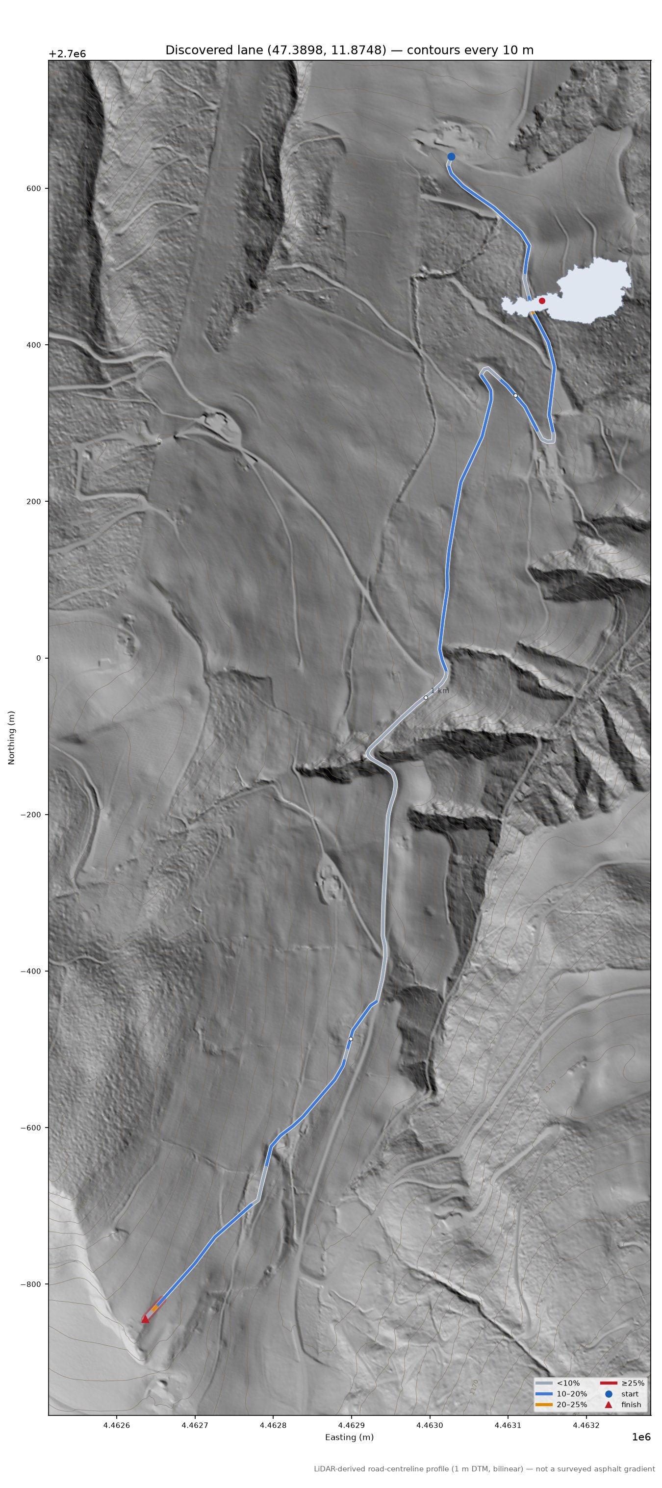 Discovered lane (47.3898, 11.8748) LiDAR hillshade map with contours