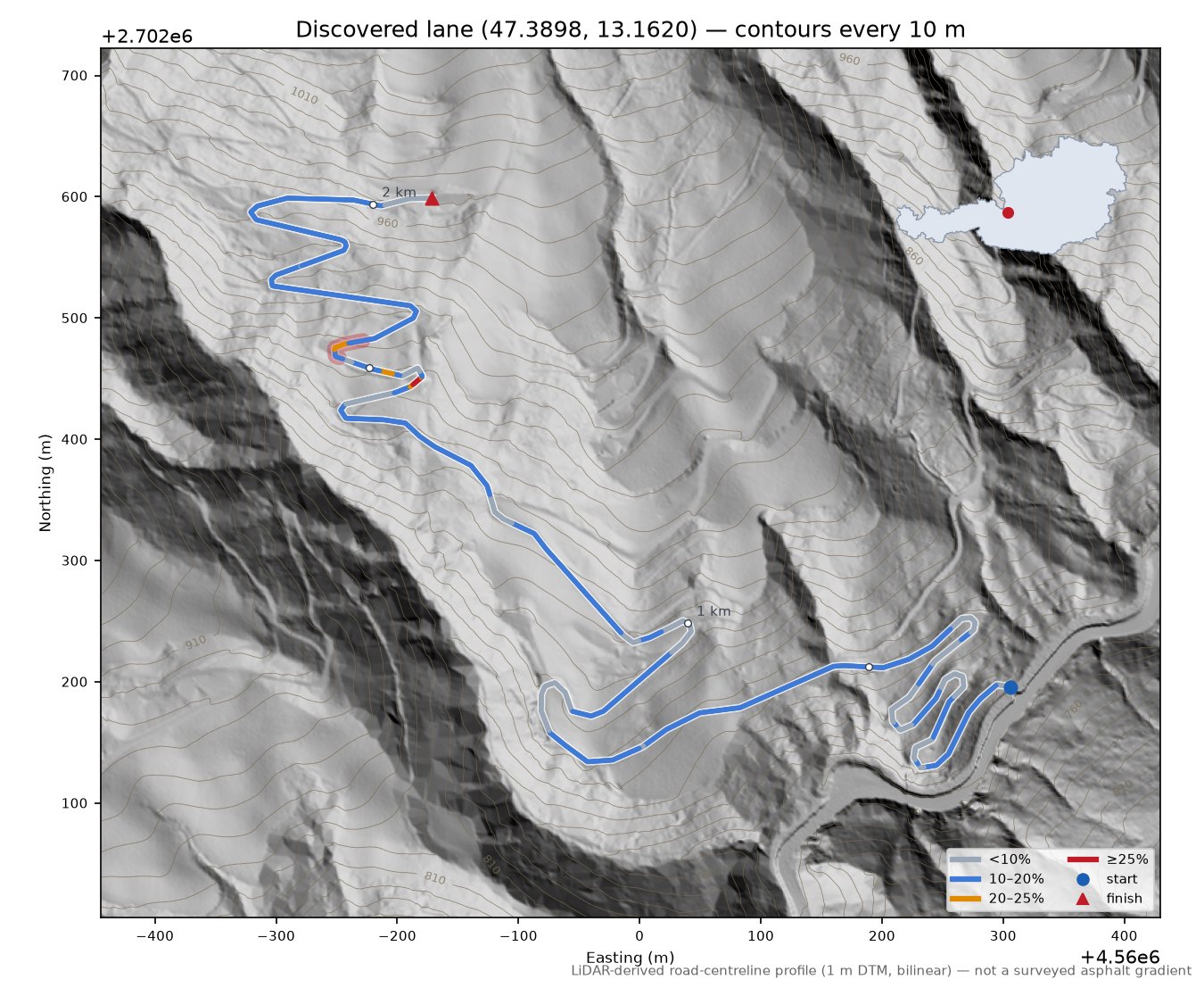Discovered lane (47.3898, 13.1620) LiDAR hillshade map with contours